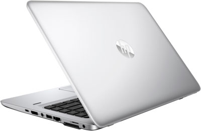   Rear angle view of an half-opened Elitebook 840 G3, showing outside of upper lid with an HP logo at the center 